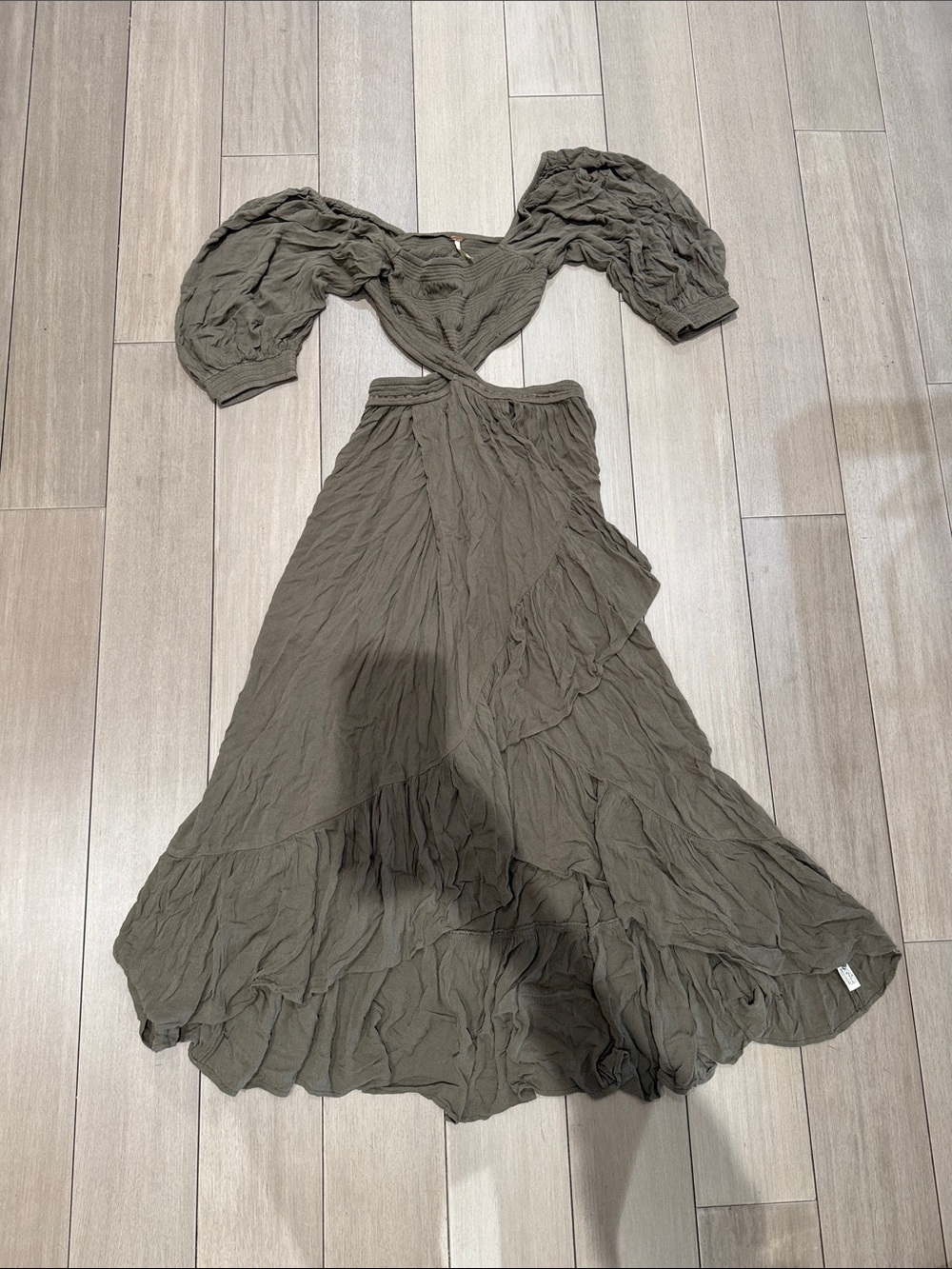 Free People Olive Puff-Sleeve Cutout Midi Dress